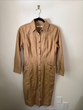 LOFT Tan Button-Front Long Sleeve Shirt Dress